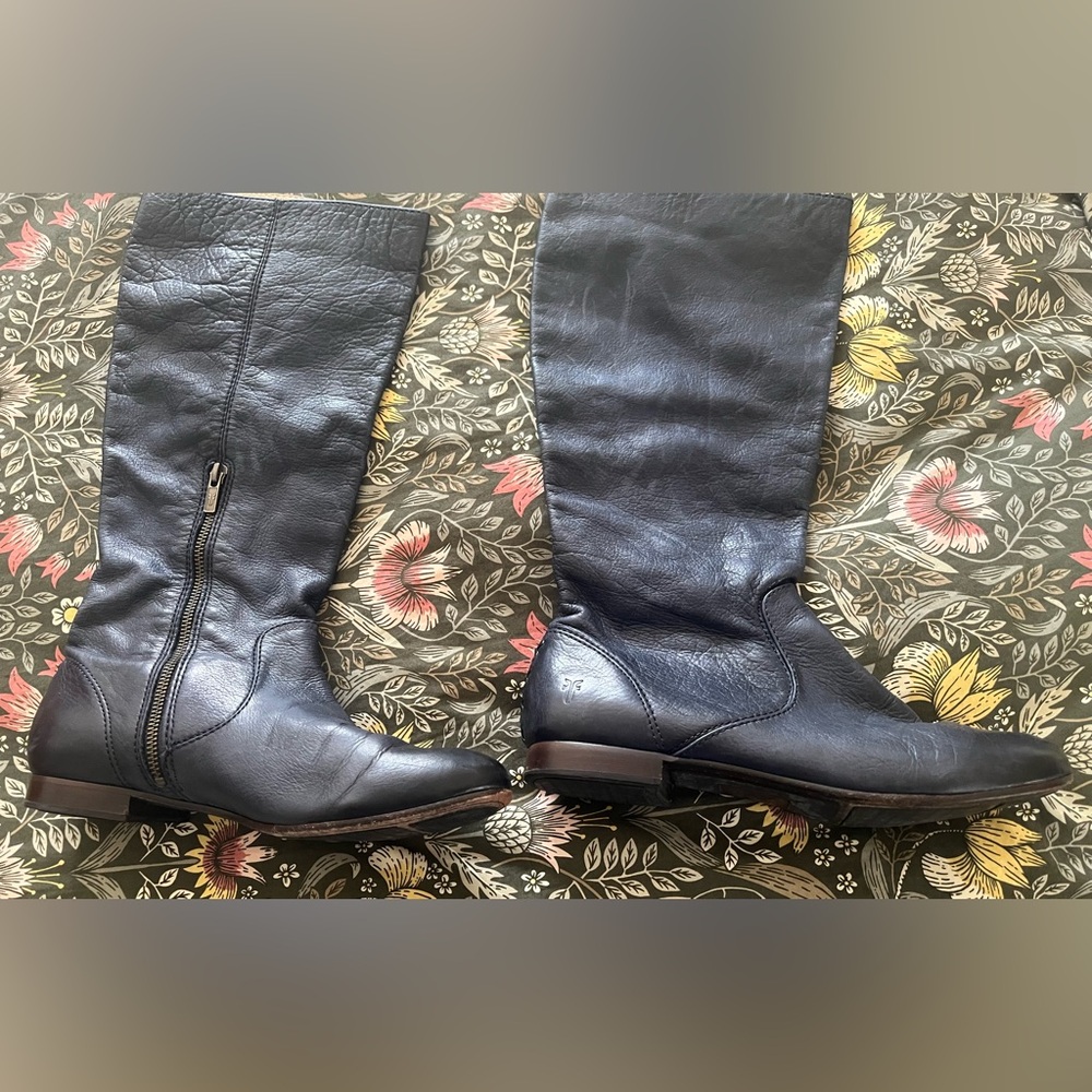 Navy Blue Frye Leather Knee-High Boots